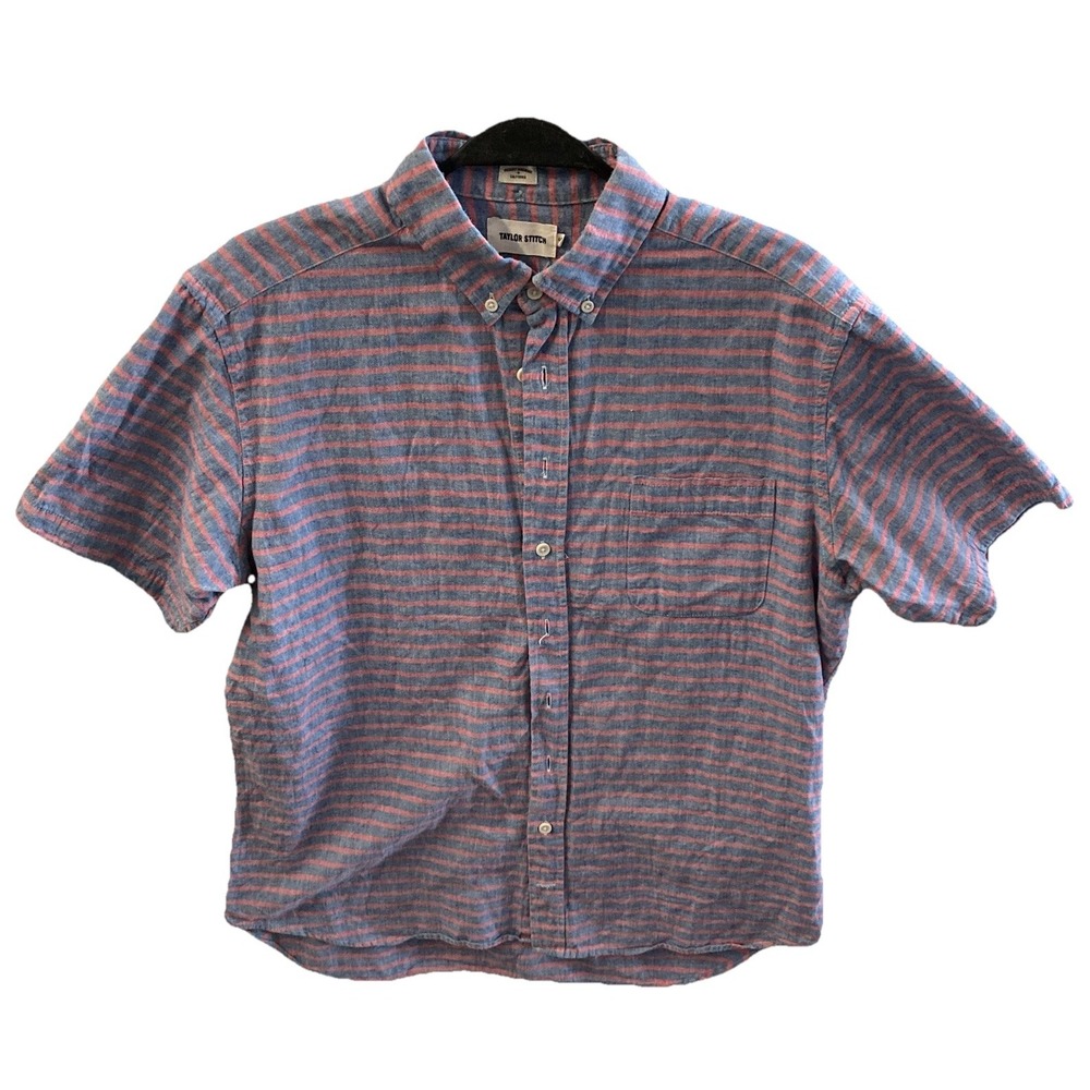 Taylor Stitch Shirt Men's Short Sleeve Hawthorne Striped Blue Salmon Handmade